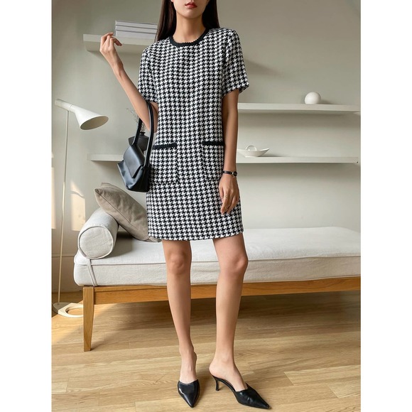 minimalist Houndstooth Print Tunic Dress black white - Picture 6 of 9